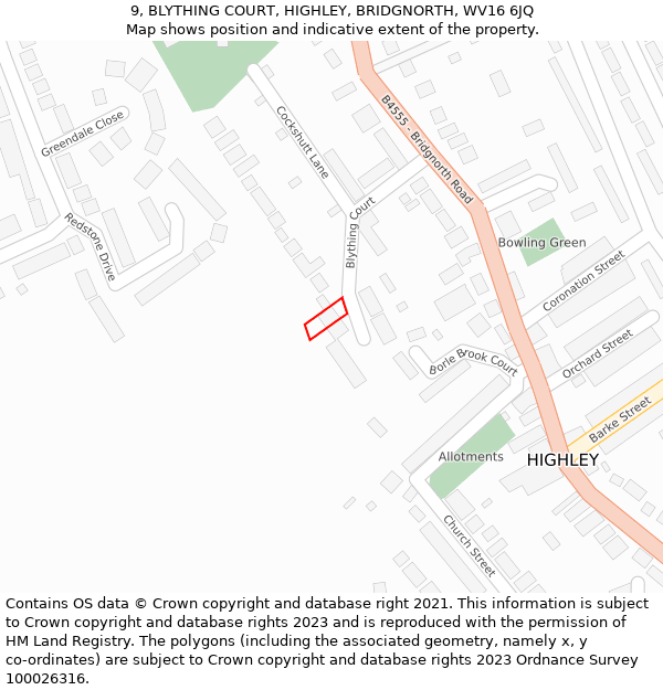 9, BLYTHING COURT, HIGHLEY, BRIDGNORTH, WV16 6JQ: Location map and indicative extent of plot