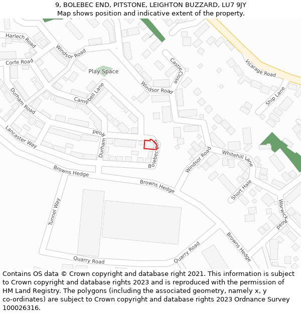 9, BOLEBEC END, PITSTONE, LEIGHTON BUZZARD, LU7 9JY: Location map and indicative extent of plot