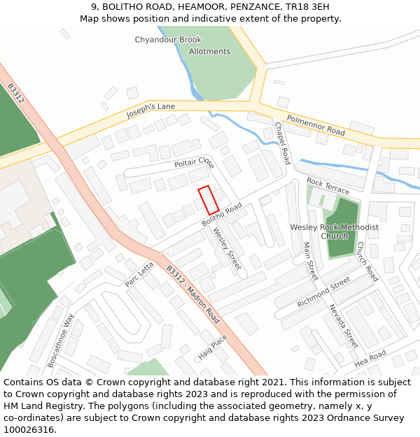 9, BOLITHO ROAD, HEAMOOR, PENZANCE, TR18 3EH: Location map and indicative extent of plot