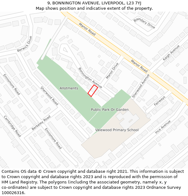 9, BONNINGTON AVENUE, LIVERPOOL, L23 7YJ: Location map and indicative extent of plot