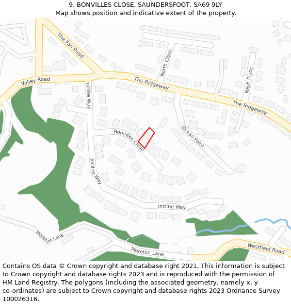 9, BONVILLES CLOSE, SAUNDERSFOOT, SA69 9LY: Location map and indicative extent of plot