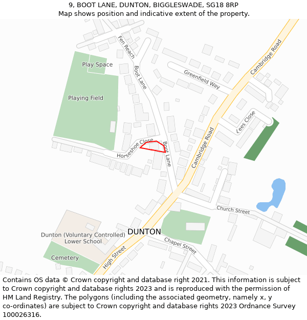 9, BOOT LANE, DUNTON, BIGGLESWADE, SG18 8RP: Location map and indicative extent of plot