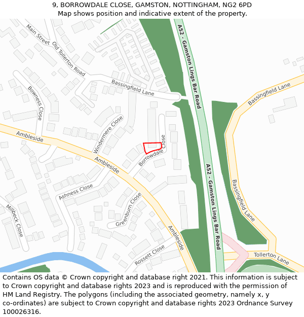 9, BORROWDALE CLOSE, GAMSTON, NOTTINGHAM, NG2 6PD: Location map and indicative extent of plot