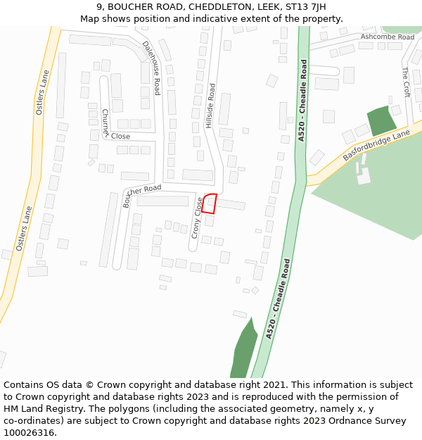 9, BOUCHER ROAD, CHEDDLETON, LEEK, ST13 7JH: Location map and indicative extent of plot