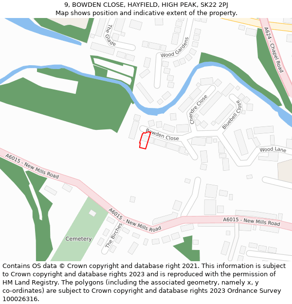 9, BOWDEN CLOSE, HAYFIELD, HIGH PEAK, SK22 2PJ: Location map and indicative extent of plot