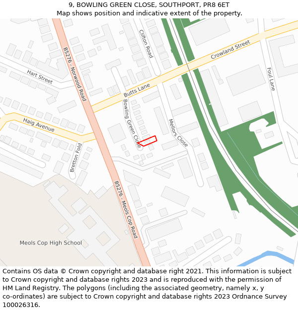 9, BOWLING GREEN CLOSE, SOUTHPORT, PR8 6ET: Location map and indicative extent of plot