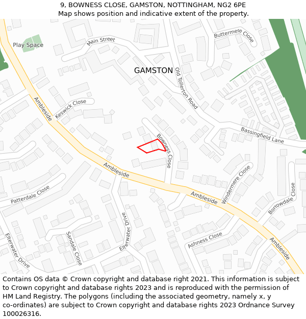 9, BOWNESS CLOSE, GAMSTON, NOTTINGHAM, NG2 6PE: Location map and indicative extent of plot