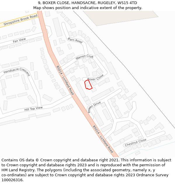 9, BOXER CLOSE, HANDSACRE, RUGELEY, WS15 4TD: Location map and indicative extent of plot