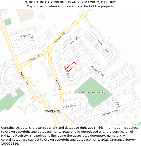 9, BOYTE ROAD, PIMPERNE, BLANDFORD FORUM, DT11 8UY: Location map and indicative extent of plot