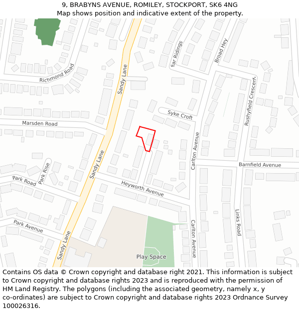 9, BRABYNS AVENUE, ROMILEY, STOCKPORT, SK6 4NG: Location map and indicative extent of plot