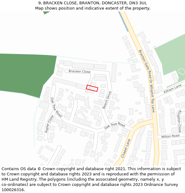 9, BRACKEN CLOSE, BRANTON, DONCASTER, DN3 3UL: Location map and indicative extent of plot