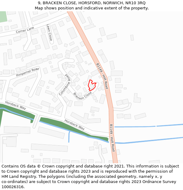 9, BRACKEN CLOSE, HORSFORD, NORWICH, NR10 3RQ: Location map and indicative extent of plot