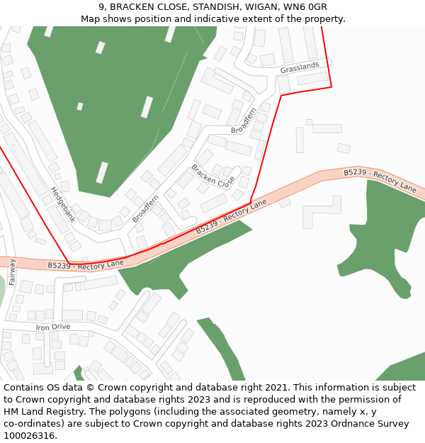 9, BRACKEN CLOSE, STANDISH, WIGAN, WN6 0GR: Location map and indicative extent of plot