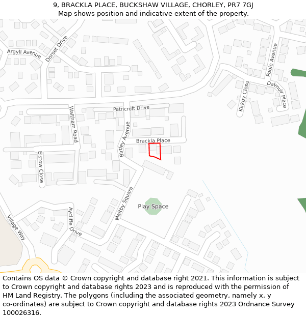 9, BRACKLA PLACE, BUCKSHAW VILLAGE, CHORLEY, PR7 7GJ: Location map and indicative extent of plot