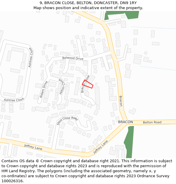 9, BRACON CLOSE, BELTON, DONCASTER, DN9 1RY: Location map and indicative extent of plot