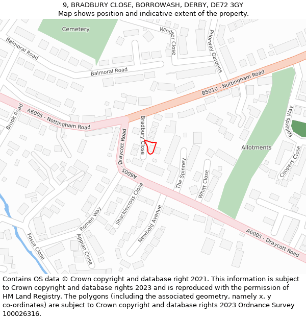 9, BRADBURY CLOSE, BORROWASH, DERBY, DE72 3GY: Location map and indicative extent of plot