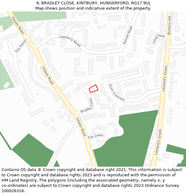 9, BRADLEY CLOSE, KINTBURY, HUNGERFORD, RG17 9UJ: Location map and indicative extent of plot