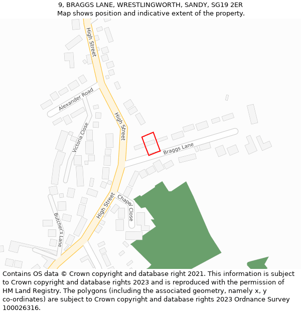 9, BRAGGS LANE, WRESTLINGWORTH, SANDY, SG19 2ER: Location map and indicative extent of plot