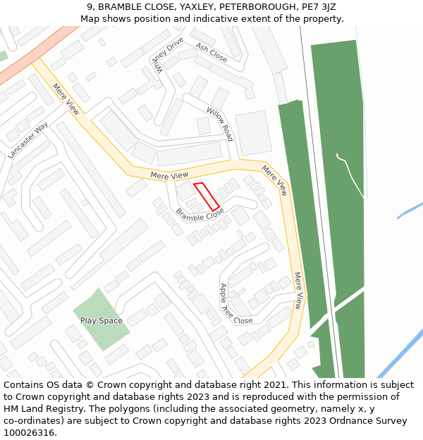 9, BRAMBLE CLOSE, YAXLEY, PETERBOROUGH, PE7 3JZ: Location map and indicative extent of plot