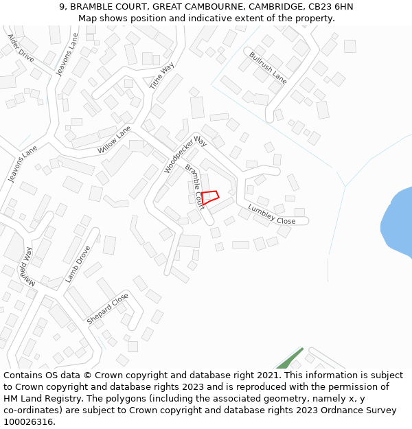 9, BRAMBLE COURT, GREAT CAMBOURNE, CAMBRIDGE, CB23 6HN: Location map and indicative extent of plot