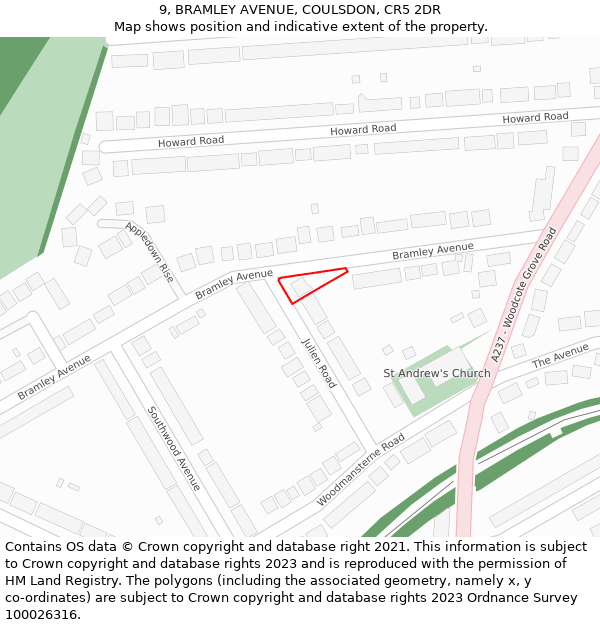 9, BRAMLEY AVENUE, COULSDON, CR5 2DR: Location map and indicative extent of plot