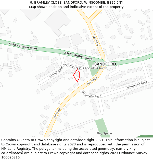 9, BRAMLEY CLOSE, SANDFORD, WINSCOMBE, BS25 5NY: Location map and indicative extent of plot