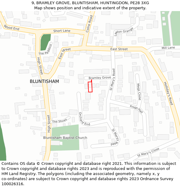 9, BRAMLEY GROVE, BLUNTISHAM, HUNTINGDON, PE28 3XG: Location map and indicative extent of plot