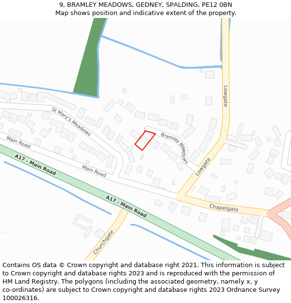 9, BRAMLEY MEADOWS, GEDNEY, SPALDING, PE12 0BN: Location map and indicative extent of plot