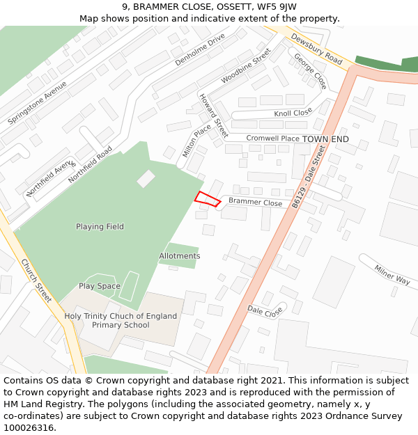 9, BRAMMER CLOSE, OSSETT, WF5 9JW: Location map and indicative extent of plot