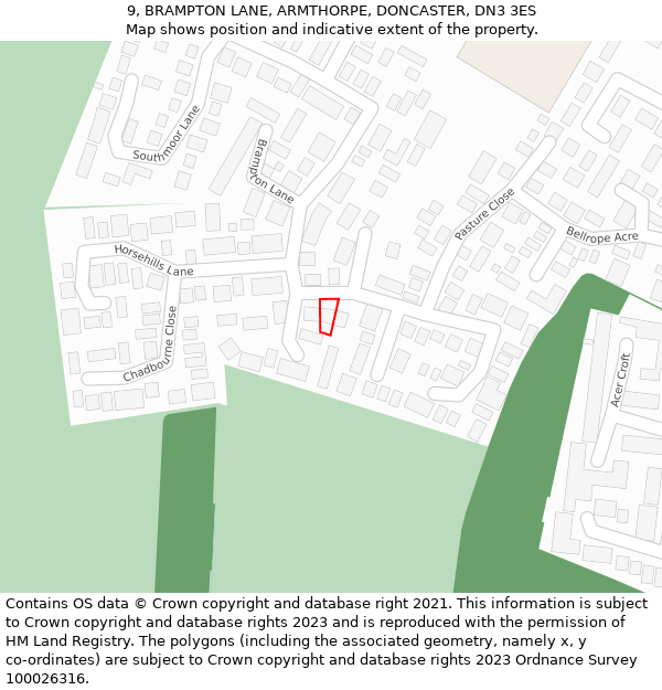 9, BRAMPTON LANE, ARMTHORPE, DONCASTER, DN3 3ES: Location map and indicative extent of plot
