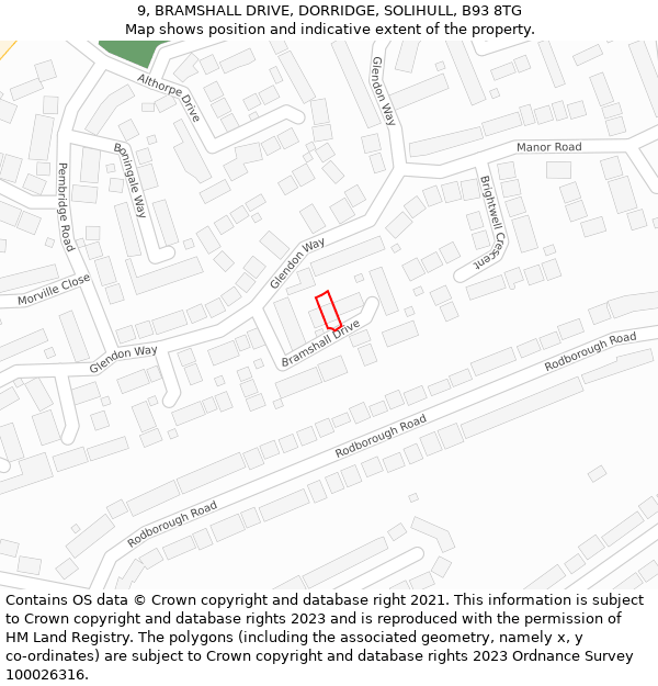 9, BRAMSHALL DRIVE, DORRIDGE, SOLIHULL, B93 8TG: Location map and indicative extent of plot