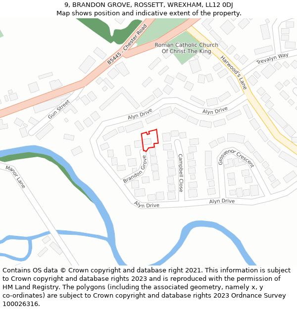 9, BRANDON GROVE, ROSSETT, WREXHAM, LL12 0DJ: Location map and indicative extent of plot