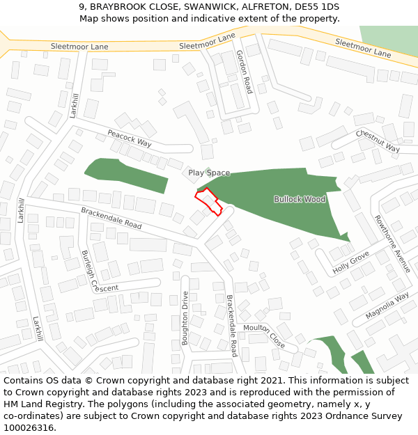 9, BRAYBROOK CLOSE, SWANWICK, ALFRETON, DE55 1DS: Location map and indicative extent of plot