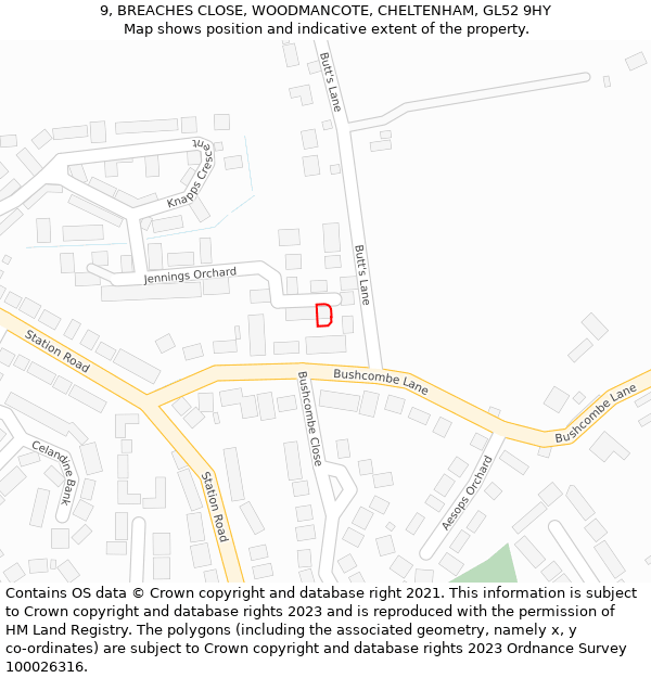 9, BREACHES CLOSE, WOODMANCOTE, CHELTENHAM, GL52 9HY: Location map and indicative extent of plot