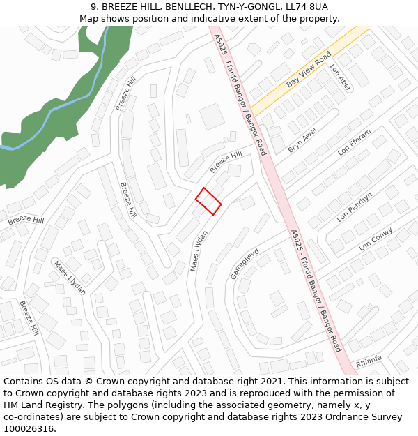 9, BREEZE HILL, BENLLECH, TYN-Y-GONGL, LL74 8UA: Location map and indicative extent of plot