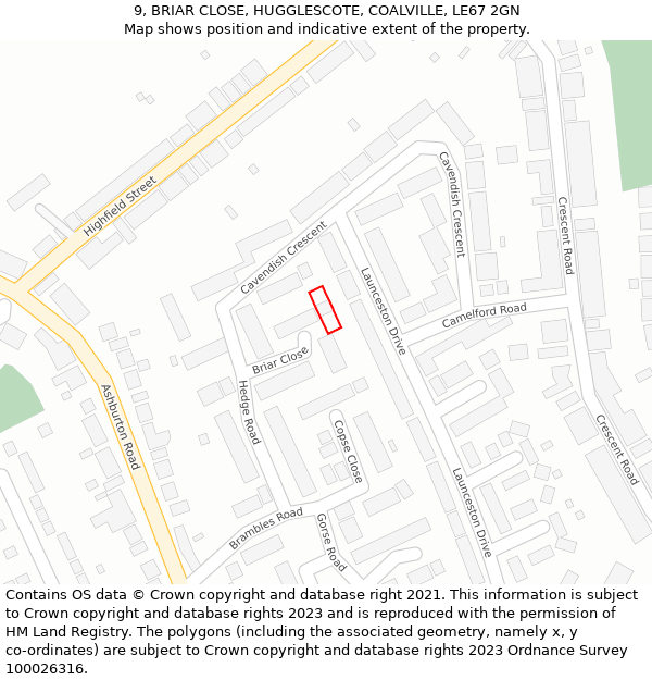 9, BRIAR CLOSE, HUGGLESCOTE, COALVILLE, LE67 2GN: Location map and indicative extent of plot