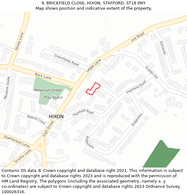 9, BRICKFIELD CLOSE, HIXON, STAFFORD, ST18 0NY: Location map and indicative extent of plot