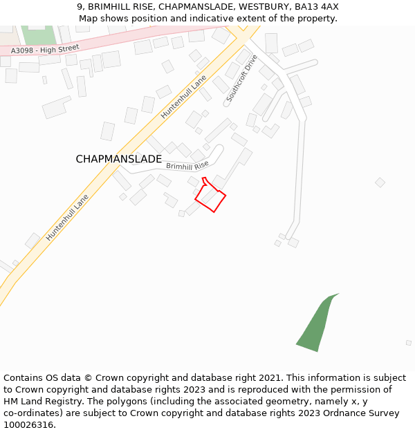 9, BRIMHILL RISE, CHAPMANSLADE, WESTBURY, BA13 4AX: Location map and indicative extent of plot