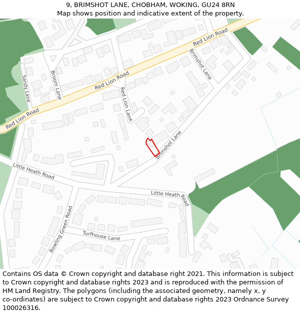 9, BRIMSHOT LANE, CHOBHAM, WOKING, GU24 8RN: Location map and indicative extent of plot