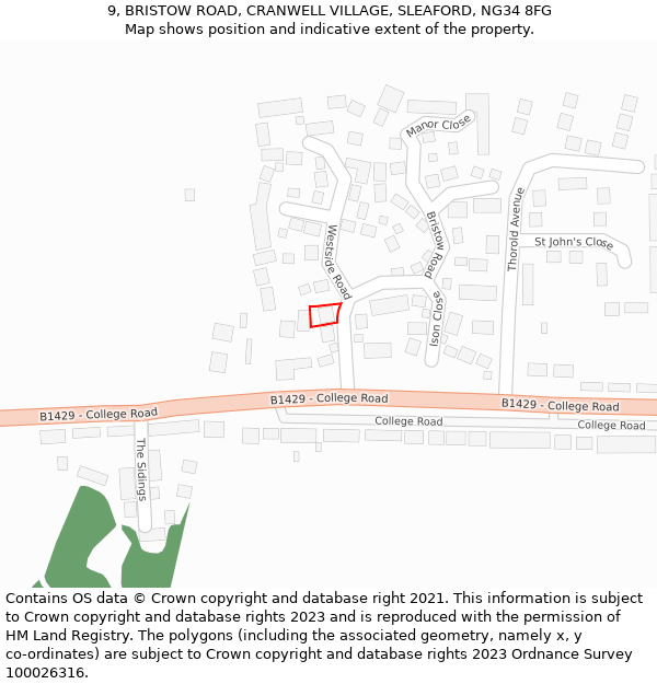 9, BRISTOW ROAD, CRANWELL VILLAGE, SLEAFORD, NG34 8FG: Location map and indicative extent of plot