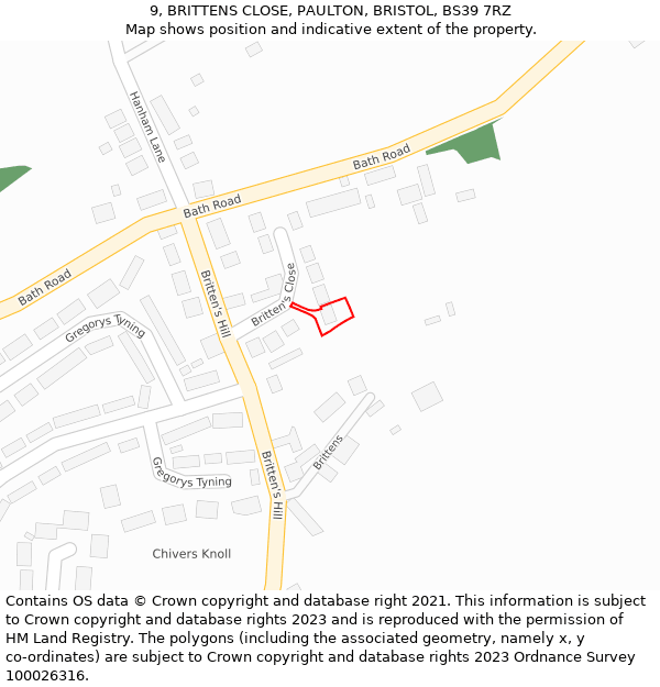 9, BRITTENS CLOSE, PAULTON, BRISTOL, BS39 7RZ: Location map and indicative extent of plot