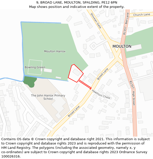 9, BROAD LANE, MOULTON, SPALDING, PE12 6PN: Location map and indicative extent of plot