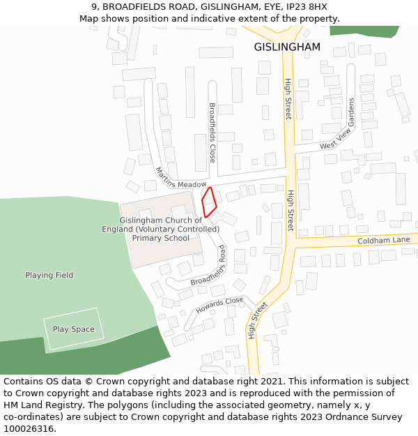 9, BROADFIELDS ROAD, GISLINGHAM, EYE, IP23 8HX: Location map and indicative extent of plot