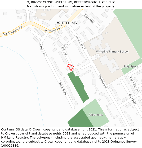 9, BROCK CLOSE, WITTERING, PETERBOROUGH, PE8 6HX: Location map and indicative extent of plot