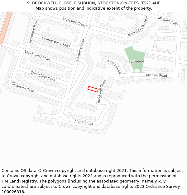 9, BROCKWELL CLOSE, FISHBURN, STOCKTON-ON-TEES, TS21 4HF: Location map and indicative extent of plot