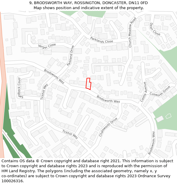 9, BRODSWORTH WAY, ROSSINGTON, DONCASTER, DN11 0FD: Location map and indicative extent of plot