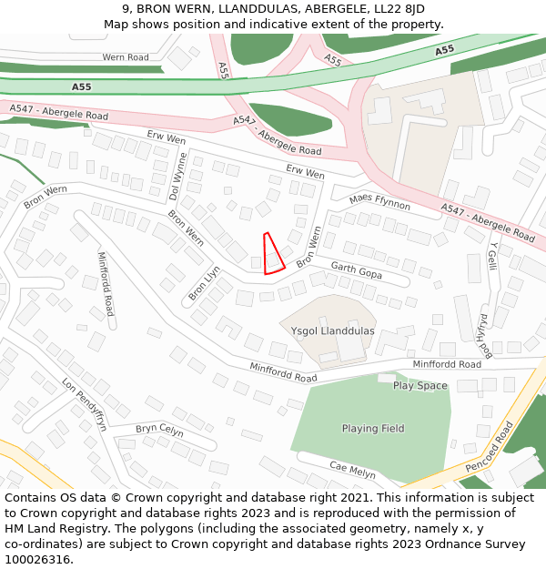 9, BRON WERN, LLANDDULAS, ABERGELE, LL22 8JD: Location map and indicative extent of plot