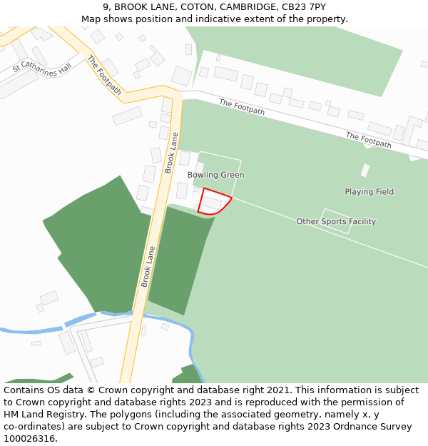 9, BROOK LANE, COTON, CAMBRIDGE, CB23 7PY: Location map and indicative extent of plot