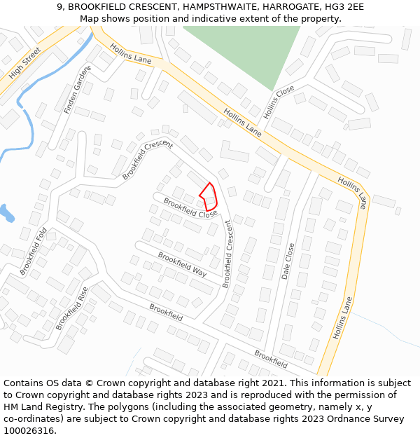 9, BROOKFIELD CRESCENT, HAMPSTHWAITE, HARROGATE, HG3 2EE: Location map and indicative extent of plot