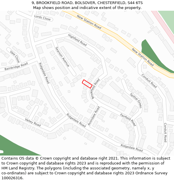 9, BROOKFIELD ROAD, BOLSOVER, CHESTERFIELD, S44 6TS: Location map and indicative extent of plot